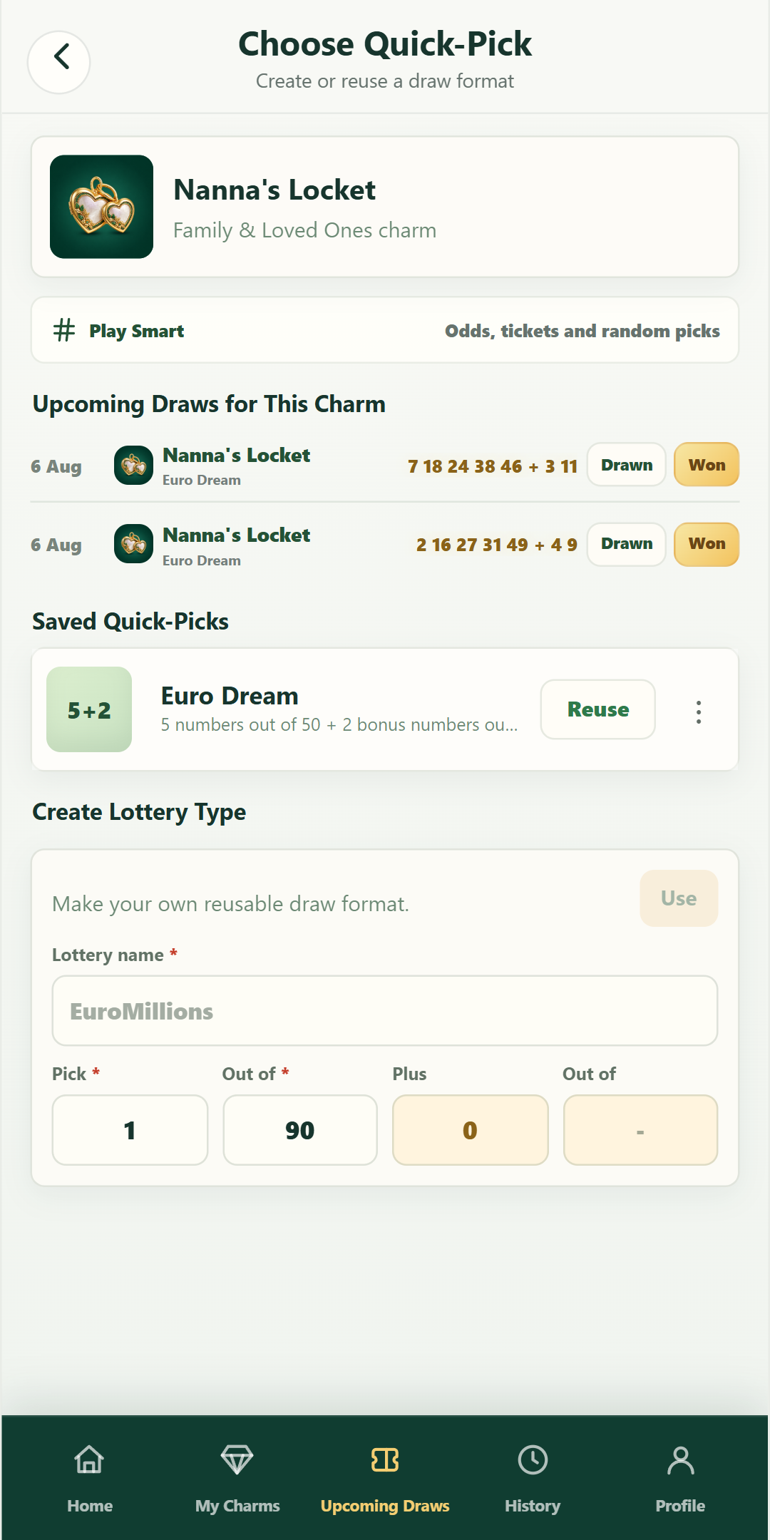 Quick-Pick screen with reusable lottery formats and custom number ranges