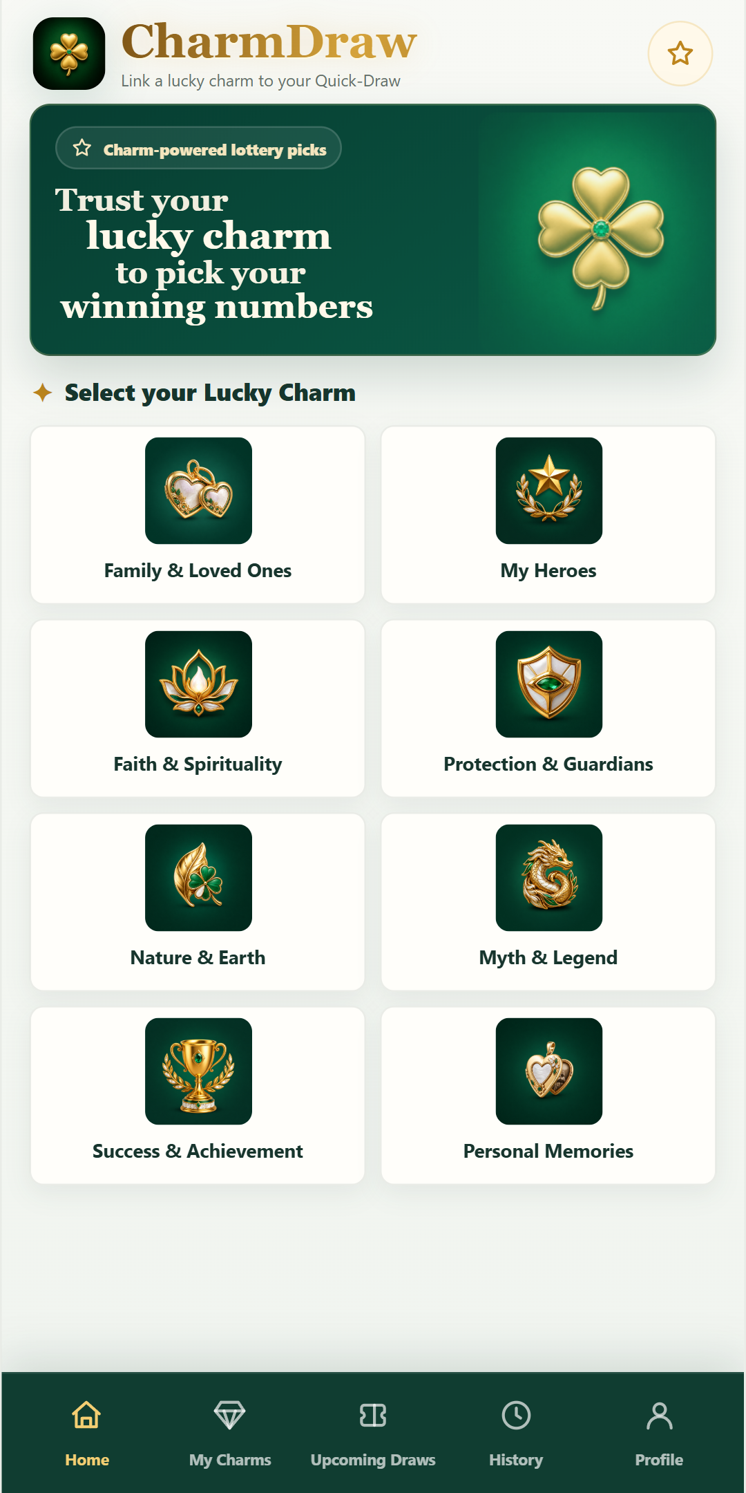 CharmDraw home screen with eight lucky charm categories