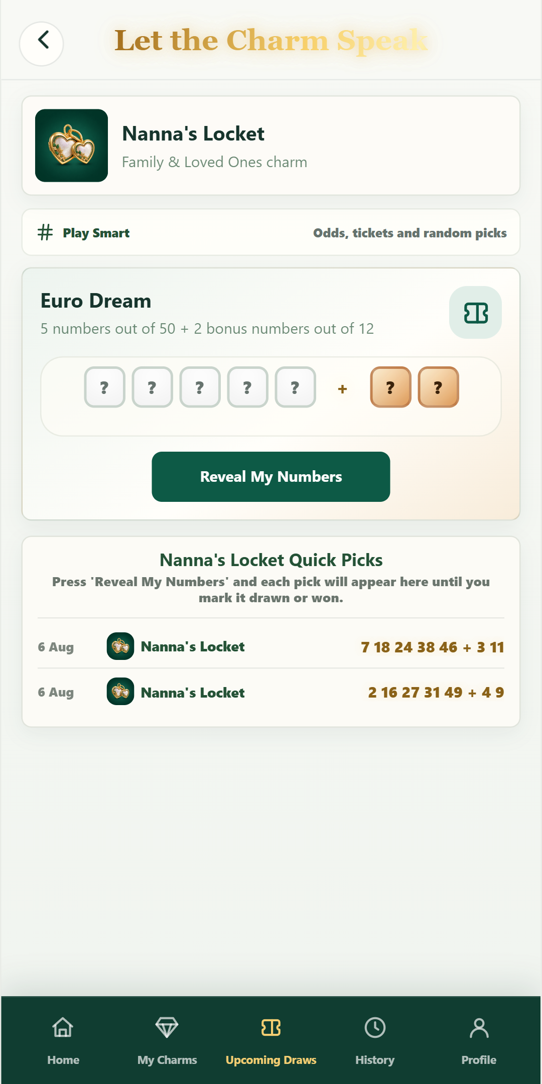 Number reveal screen with a charm and its random quick-picks